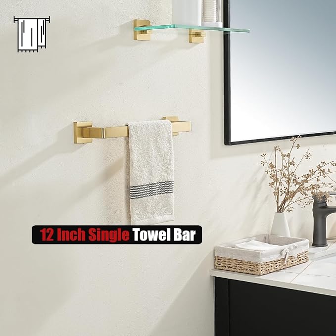 JQK Gold Towel Bar, Rounded Edges 14.41 Inch Towel Rack, 304 Stainless Steel Bathroom Wall Mount, Useable Length 12 Inch, TB250L12-BG