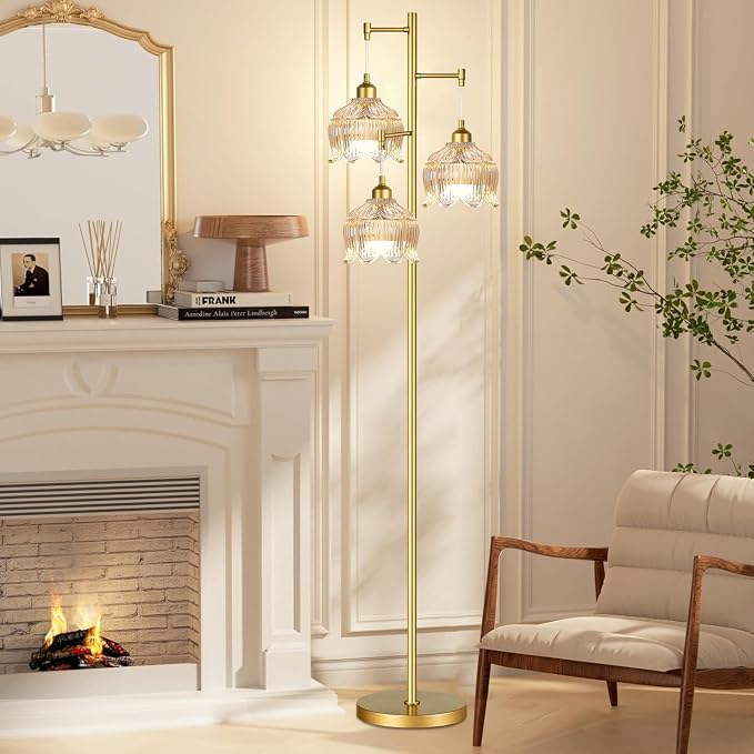 ZECOXOL Gold Floor Lamps for Living Room 3 Lights Floor Lamp with Glass Lampshape & Three Led Bulb,Mid Century Standing Lamp Vintage Brass Tall Lamp Tree Floor Lamp for Bedroom Corner