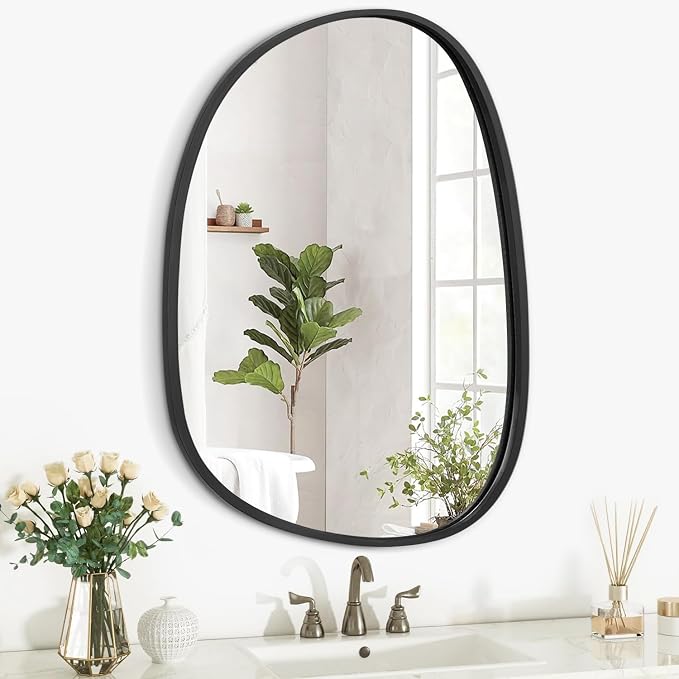 Asymmetrical Wood Wall Mirror - Irregular Oval Hanging Frame for Wall, Vanity, Bathroom, Living Room, Bedroom, Entryway, Hallway - Modern, Unique, Decorative, Artistic - Black