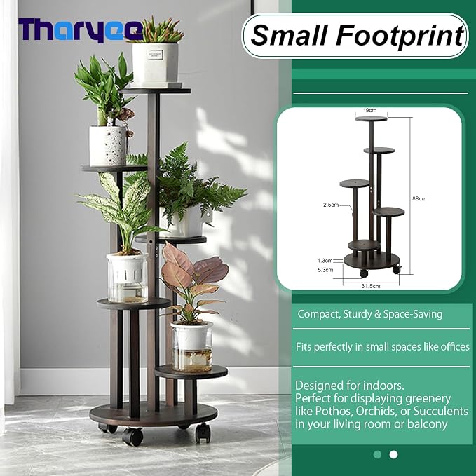 5 Tier Plant Stand Indoor, Wood Plant Shelf Corner Display Rack with Wheels, Multiple Plants Ladder Holder for Living Room Balcony Bedroom Garden Patio (Dark brown, 5 Tier)