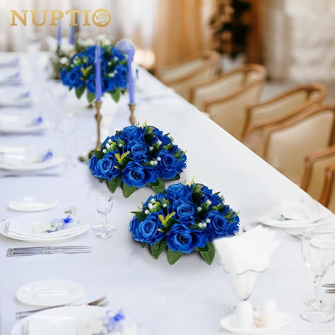 NUPTIO Flower Ball Arrangement Bouquet - 10 Pcs 9.5 inch Diameter Royal Blue Fake Flowers Roses Balls for Centerpieces Tables - Artificial Rose Arrangements for Wedding Centerpiece Table Decorations