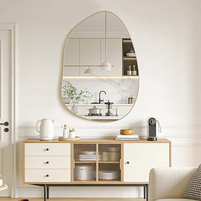 Irregular Wall Mirror Asymmetrical Mirror, Gold Mirror for Bathroom Living Room Entryway Bedroom, Decorative Modern Mirror, Tempered Glass, Shatterproof, Hangs Horizontally or Vertically (40" x 28")