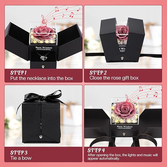 Christmas Birthday Gifts for Women - Preserved Real Rose with I Love You Heart 100-Language Necklace, LED Lights & Music Gift Box, Christmas for Women Girlfriend Mom
