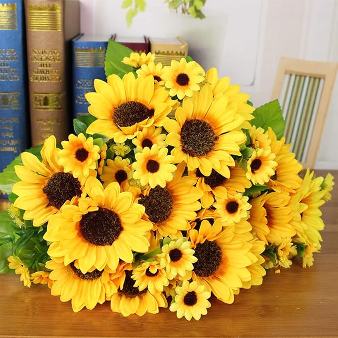 6 Pack Artificial Sunflowers with Stems for Indoor Outdoor 12 inch Fake Silk Sunflower with 13 Sunflower Heads and 27 Green Leaves Decor Home Wedding Party Office (6Pack)