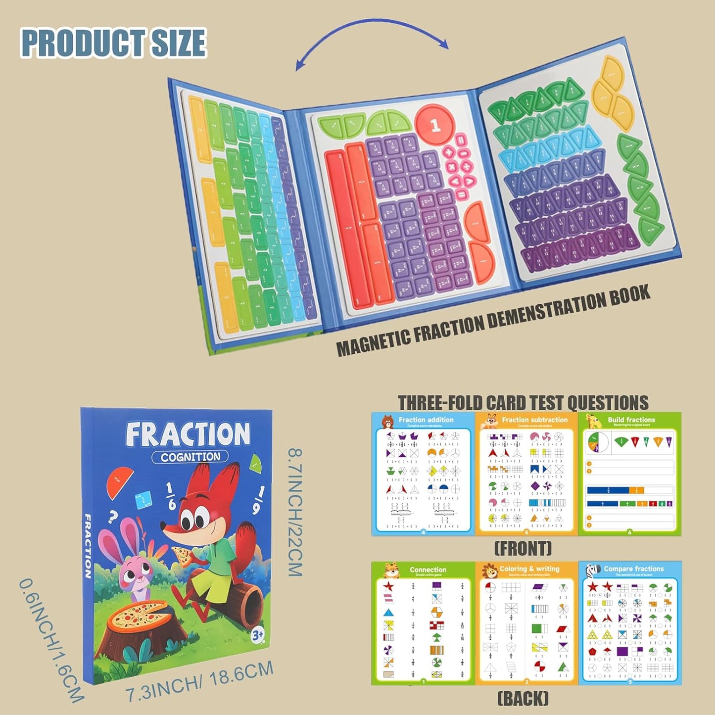 Skiennix Magnetic Fraction Demonstration Book - Educational Puzzle & Tiles for Montessori Math (3 Fold)