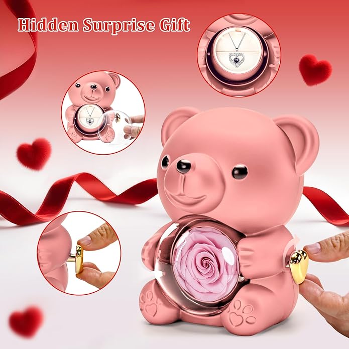 HITOP Rose Gifts for Women - Cute Teddy Bear with Preserved Real Roses Forever Flowers and I Love You in 100 Languages Necklace for Girlfriend Her Wife Mom Grandma on Birthdays, Anniversaries