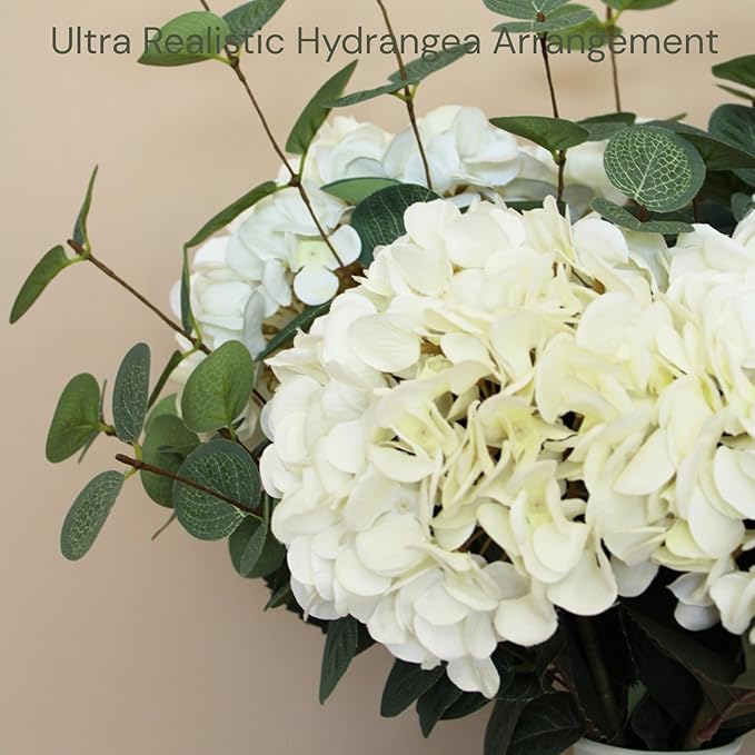Real Touch White Faux Hydrangea And Eucalyptus Arrangement, Faux Floral Arrangements, Hyper Realistic Artificial Flowers, White Centerpieces For Kitchen Dining Coffee Table Decor, 5 Heads + Greenery