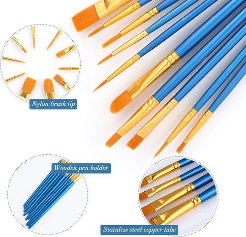 Skiennix Acrylic Paint Brush Set - 10 Professional Nylon Hair Brushes for Oil & Watercolor Painting