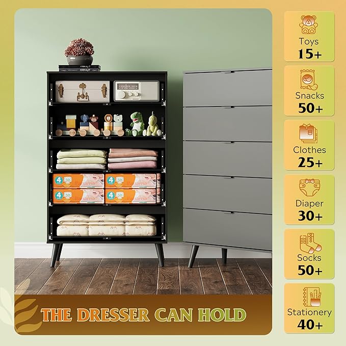 WLIVE 5 Drawer Dresser for Bedroom, Tall Wooden Dresser, Black Dressers Storage Organizer with Sturdy Metal Handle, Chest of Drawers for Living Room, Hallway, Closet