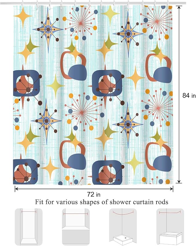Mid Century Shower Curtain, 72x84inch, Modern Abstract Retro Blue Striped Geometric Shower Curtain Sets 1950s Boho Bathroom Shower Curtain with 12 Hooks