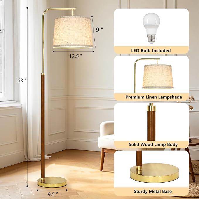 CINKEDA Wood Arc Floor Lamp,63" Tall Mid Century Modern Standing Lamp with Foot Switch & 3 Color Temperatures,Vintage Floor Lamps for Living Room Bedroom Office Reading Corner (Bulb Included),Walnut-B