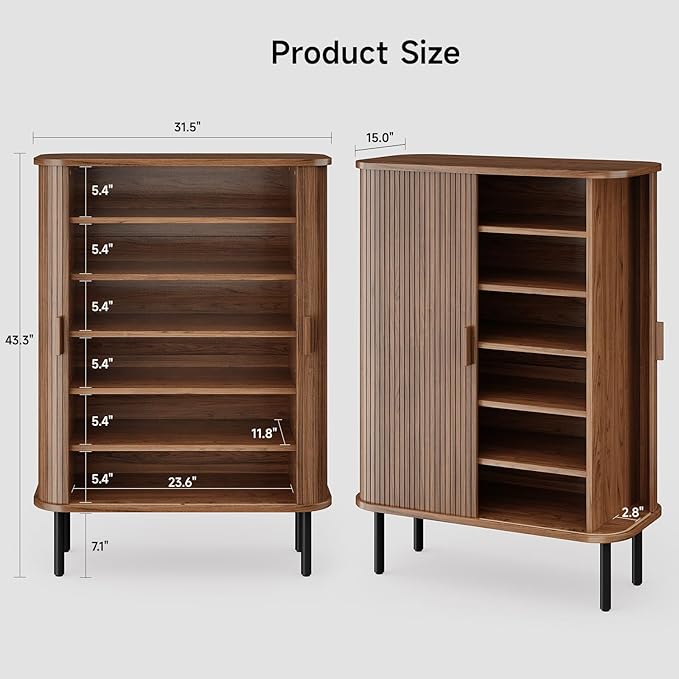ONBRILL 6-Tier Shoe Cabinet with Sliding Door, Wooden Shoe Storage Cabinet with Adjustable Shelves, Mid-Century Modern Freestanding Shoe Storage Organizer for Entryway, Hallway, Living Room, Walnut