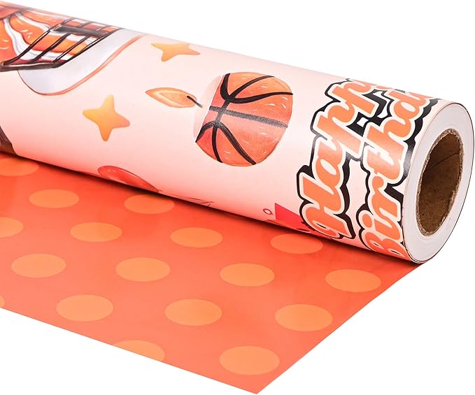 Altarho Reversible Basketball Wrapping Paper Roll for Kids Boys - Sports Basketball Birthday Cake Gift Wrap Sheets for Baby Shower Party Decoration Total 28.5sq.ft