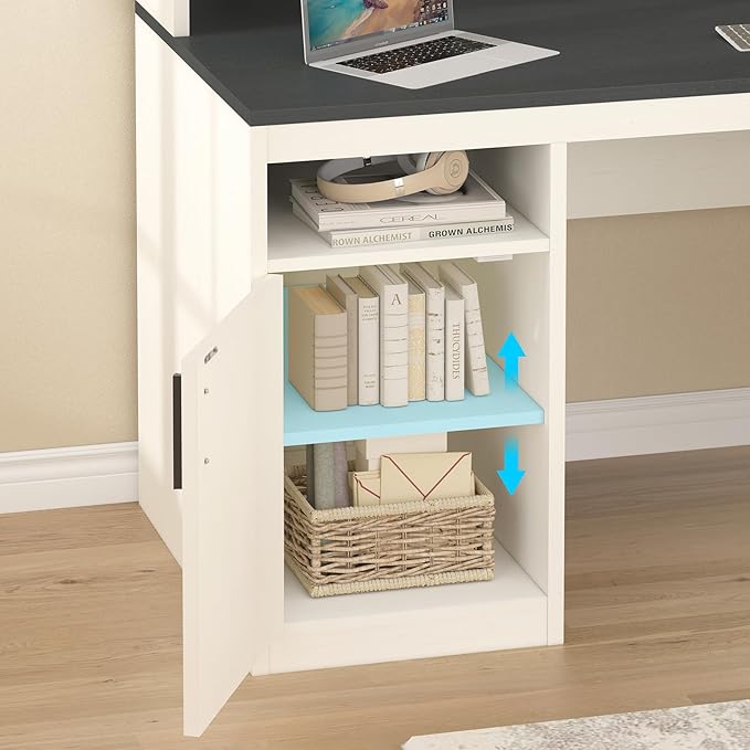 65 Inch Computer Desk with 3 Drawers & Storage Shelves, Executive Desk with File Drawer & Cabinet, Home Office Desk with Long Monitor Stand & Printer Shelf, Black & White