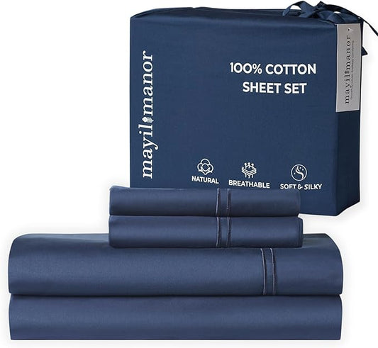 100% Natural Cotton Sheets Queen Size Bed Set | 500 TC Single-Ply Sateen Weave | Soft, Breathable, Hypoallergenic Solid 4-Piece Bedding with Deep Pocket Fitted, Flat, Pillowcase |Navy Blue