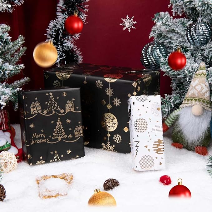 Linnoptimix Christmas Wrapping Paper Rolls -3 LARGE ROLL-27inch*78 inch per roll Colorful Foil (Christmas 2 Black/Gold + 1 White/Gold（003）)