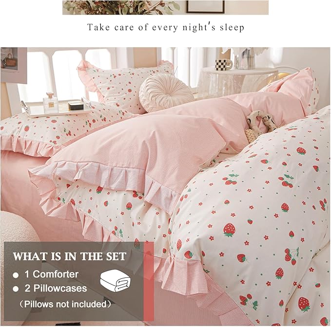 VM VOUGEMARKET Full Comforter Set-Cute Strawberry Fruit Comforter,Reversible Pink Stripes Bedding Comforter Sets,3 Pieces,1 Soft Romantic Ruffle Comforter with 2 Pillow Shams-79 x90