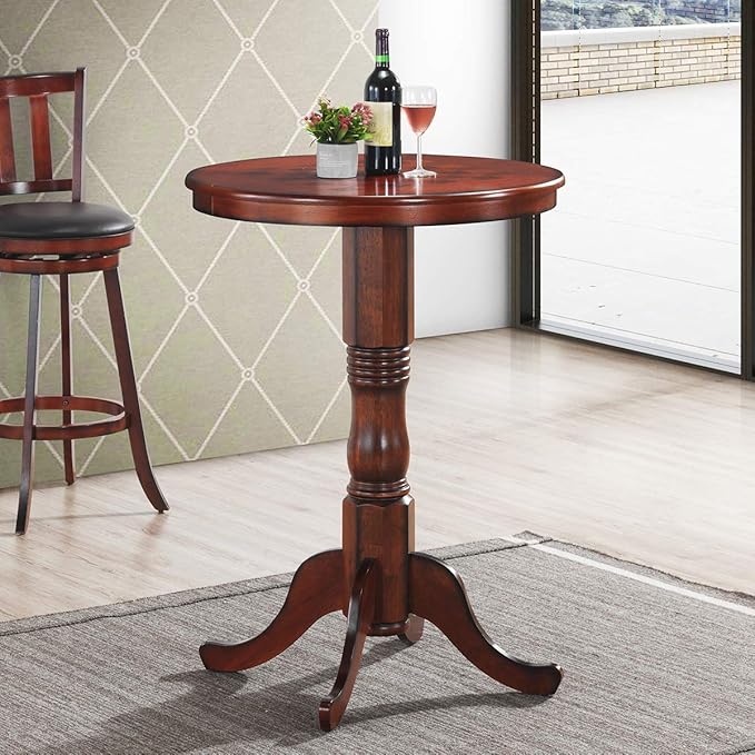 Giantex Round Dining Table, 30" D X 41.5" H, Wooden Pub Pedestal Side Table W/Chessboard, Adjustable Foot Pads, Multi-Purpose Dinner Table for Small Space, Kitchen, Dining Room, Restaurant, Walnut
