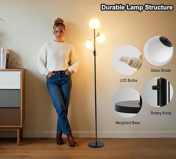 Fiqevs Mid Century Modern 3 Globe Tree Floor Lamp - Dimmable LED Standing Lamp with Bulbs, Warm Light for Living Room Bedroom Office - Black