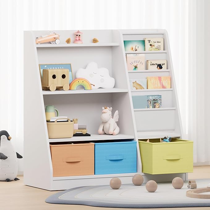NACHES Kids Bookshelf and Toy Storage Organizer, Montessori Nursery Book Shelves with Sling Rack & Fabric Toy Bins, Toddler Baby Bookcase, Wooden Toy Shelf for Kids Room, Playroom, White-Colorful