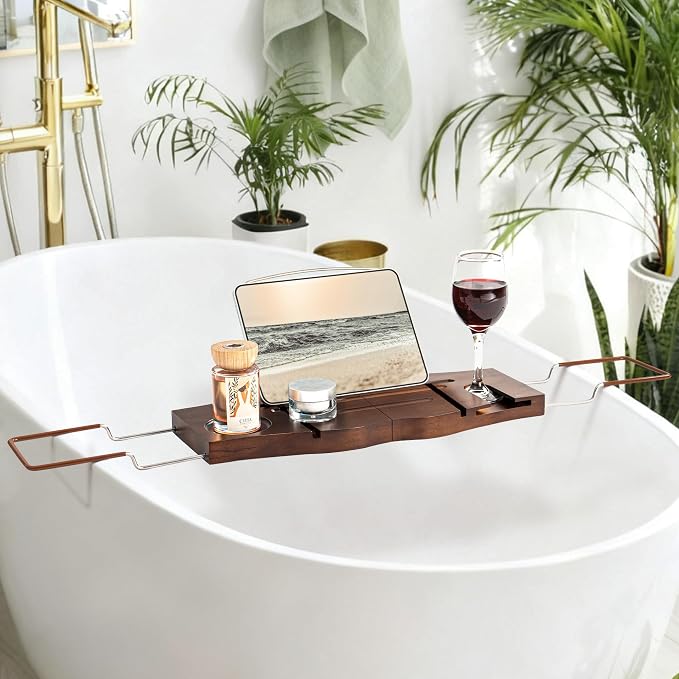 Teak Bathtub Tray Expandable Bathroom Tray for Home Spa Relaxation, Wooden Tray Caddy for Bathtub, Teak Bathtub Caddy as Unique Housewarming, Birthday, Wedding Shower Gifts. Dark Walnut