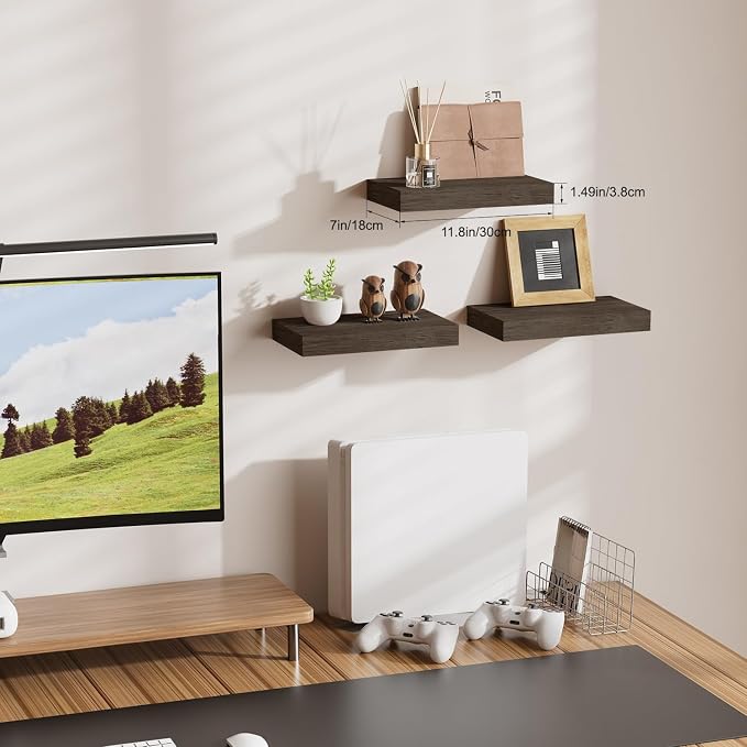 Floating Shelves for Wall, Bathroom Shelves Over Toilet, Wall Shelves & Book Shelf for Room, Hanging Shelf, Wooden Wall-Mounted Small Floating Shelves, 12 x 7 x 1.5 in (Smoke Gray, Set of 3)