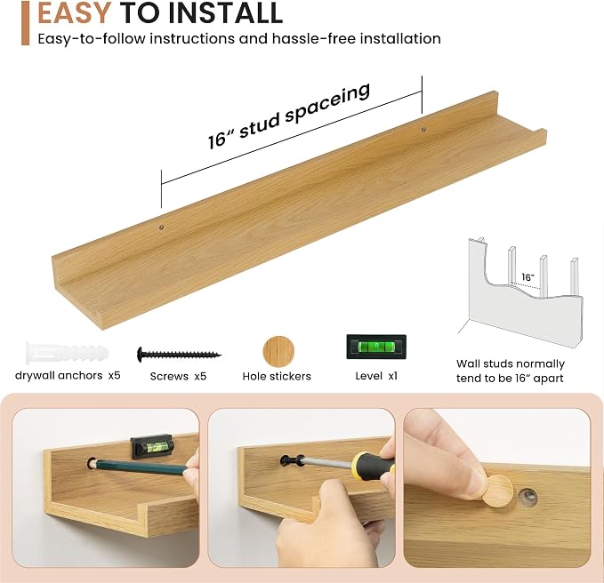 Dreamland Picture Ledge Shelf for Wall, Floating Shelves Set of 2, 32 Inch Long Floating Shelves with Lip for Living Room, Bedroom, Bathroom, Kitchen, Oak