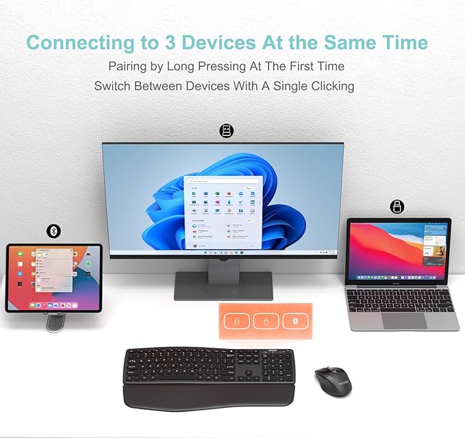 Arteck Multi-Device Comfortable Wireless Bluetooth Keyboard with Nano USB-A, USB-C Type C Receiver Palm Wrist Rest Full Size Keyboard for Windows iPad OS Android, Computer Desktop Laptop PC Tablet