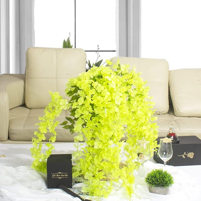 12 Pack Artificial Flowers Silk Wisteria Vine Ratta Hanging Flower (Green)