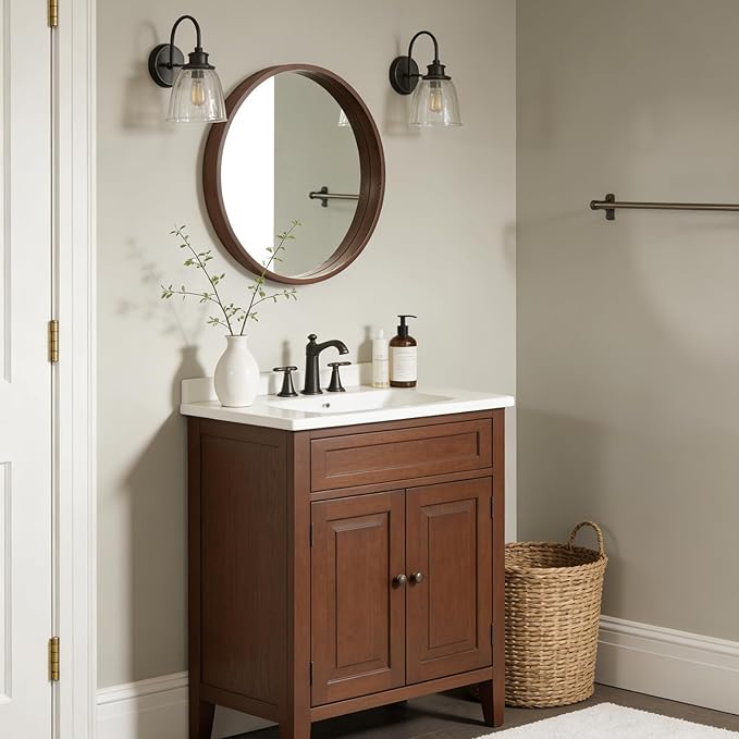 WallBeyond 24 Inch Round Wood Mirror, Circle Wooden Frame Wall Mirror for Bathroom, Living Room, Bedroom, Entryway (Walnut)