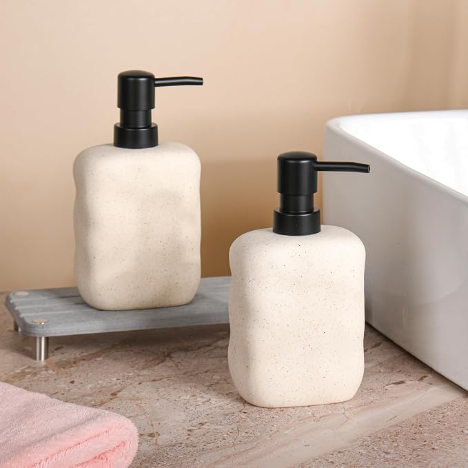 Modern Ceramic Soap Dispenser, Beige Speckled Finish, Black Pump Top, Refillable Liquid Container for Bathroom Kitchen (Beige, 2 Pack)