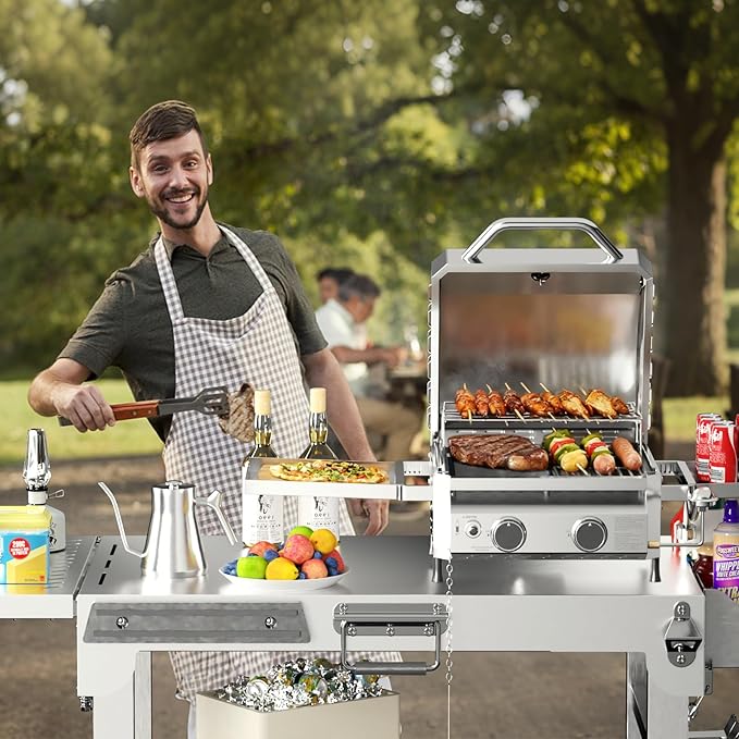 Tabletop Gas Grill, Stainless Steel Portable Propane Grill with Dual Storage Side Platforms – Compact & Powerful 16,000 BTU Dual-Burner BBQ Grill for Garden and Patio Backyard,Camping