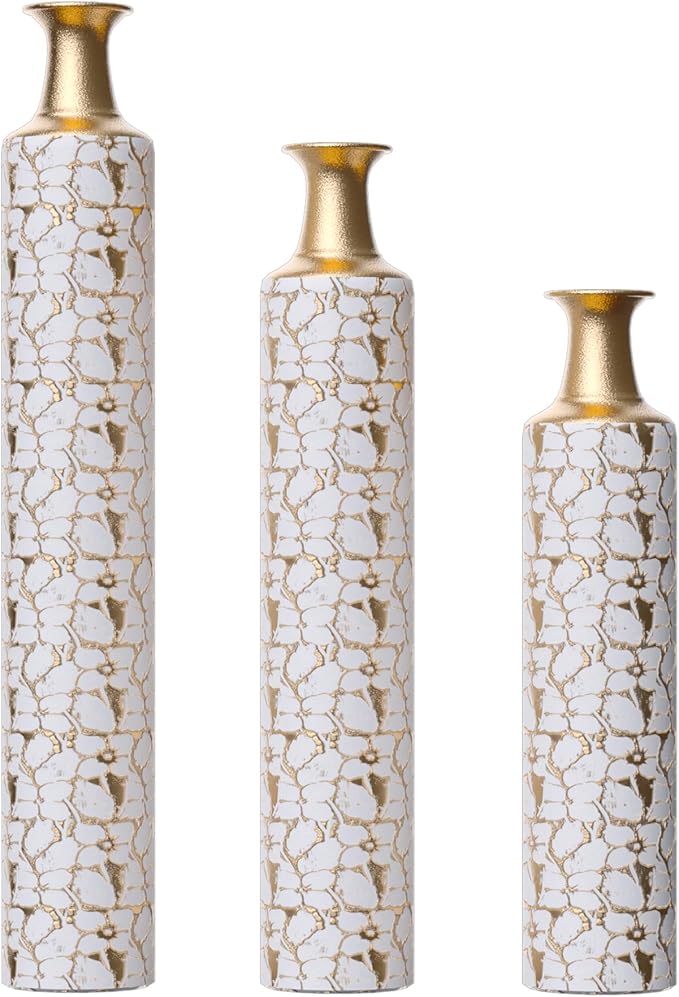 Tall Floor Vase Set of 3 - Oversized Modern Vintage Metal Vases for Living Room Decor, Gold Decorative Large Vases for Corner and Hallway