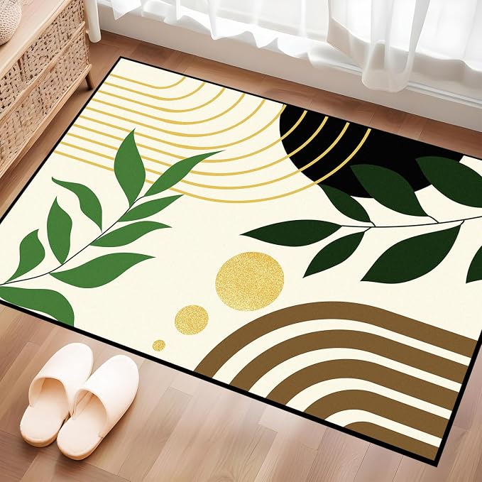 Modern Abstract Rug Geometric Area Rug Boho Green Leaf Floor Mat Soft Washable Carpet for Entryway Bedroom Living Room Kitchen Home Decor 2'x3'