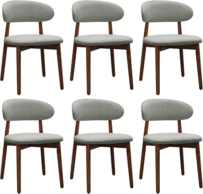 Farmhouse Dining Chairs Set of 6, Mid Century Modern Fabric Upholstered Kitchen Chairs, Wooden Dining Room Chair with Curved Back for Kitchen Dining Room Restaurant Cafe, Light Green (Only Chairs)