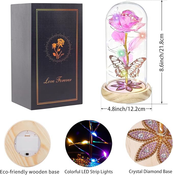 Beferr Christmas Birthday Gifts for Women, Mom Gifts for Christmas Galaxy Glass Rose Forever Preserved Flowers for Delivery Prime Rose in Glass Dome Xmas Gifts for Grandma Wife Sister Her, NPink