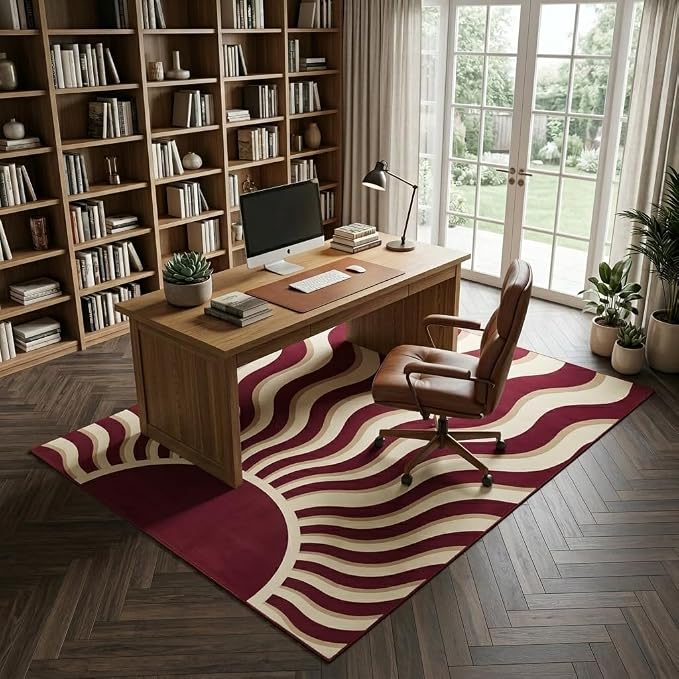 5x7 Retro Abstract Area Rug, Burgundy and Beige Wavy Sunburst Rug, Washable Non-Slip Low Pile Faux Cashmere Rug for Living Room, Bedroom, Home Office