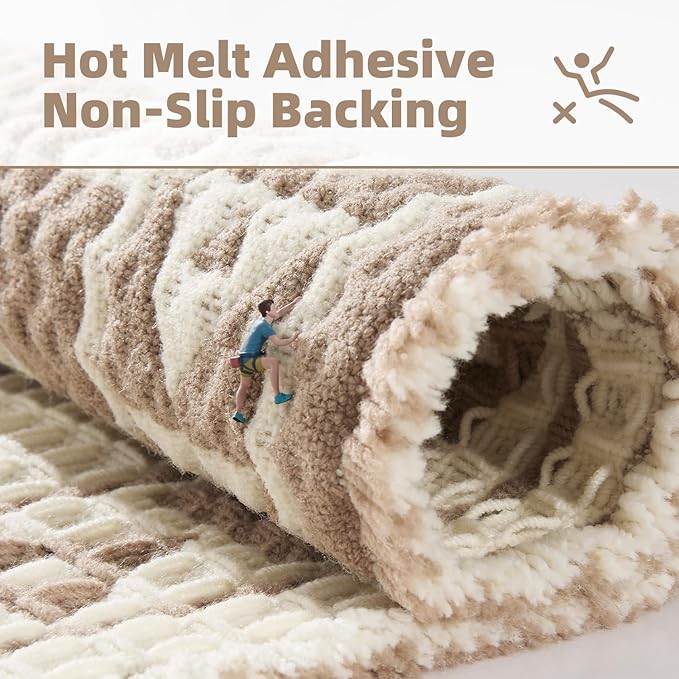 PADOOR-Waffle Bath Mat 24"x36"-Super Absorbent Bath Mats for Bathroom, Machine Washable Non Slip Bathroom Rug with Tassels, Soft Bathroom Mat for Laundry Room, Bedroom, Cream & Brown, 2'x 3'