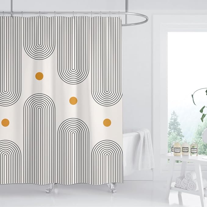 Mid Century Shower Curtain Boho Minimalist Abstract Arch Sun Simple Lines Geometric Modern Beige Bathroom Decor Waterproof Fabric 72Lx72W Inch with 12pcs Plastic Hooks