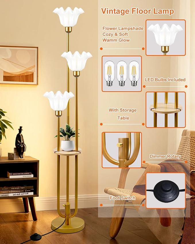 Vintage Flower Floor Lamp for Living Room, Mid Century Modern Floor Lamp Dimmable with Shelf & LED Bulbs, 3 Light 3000K Warmwhite Gold Tall Standing Lamp for Bedroom Girls Room Home Decor