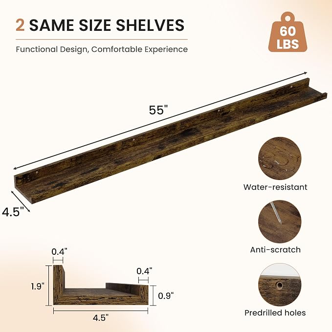 Dreamland Picture Ledge Shelf for Wall, Floating Shelves Set of 2,55 inch Long Floating Shelves with Lip for Living Room,Bedroom,Bathroom,Kitchen,Rustic Brown