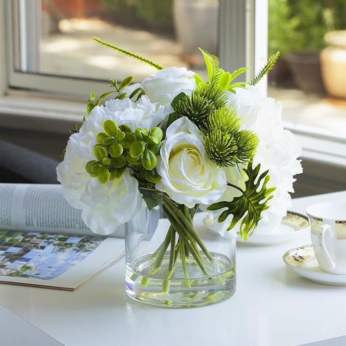 ENOVA FLORAL Artificial Rose Flowers in Vase, Mixed White Rose and Silk Peonies in Vase with Faux Water for Dining Table Centerpieces, Home Decor Indoor (FL-20-Cream)