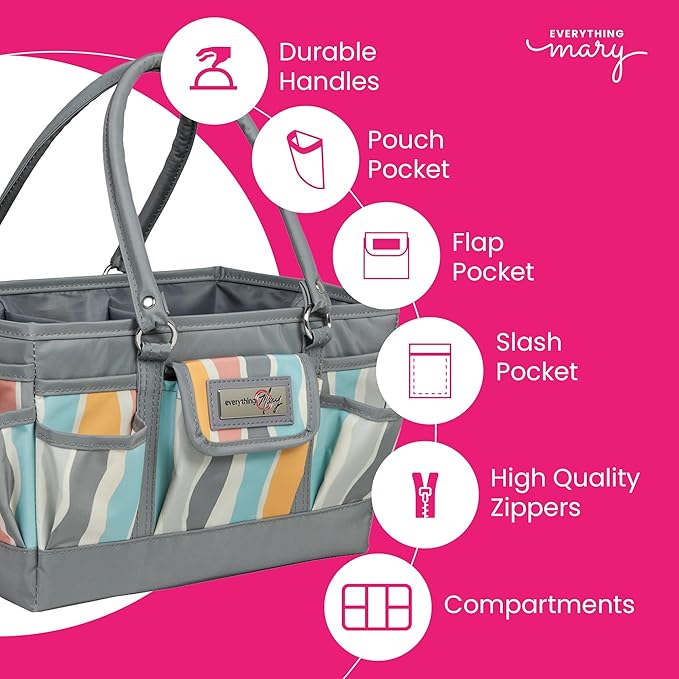 Everything Mary Deluxe Store & Tote Organizer – Grey Stripes Craft Caddy with Handle – Art Storage Tote for Sewing, Scrapbooking, DIY Projects & Crafting Tools