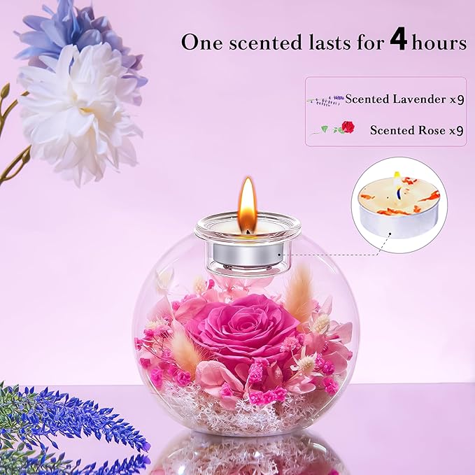DEEMEI Gifts for Women Christmas Birthday Gifts for Women Preserved Real Rose in Glass Dome with Scented Fresh Flowers for Delivery Prime Eternal for Her Mom Grandma Wife Girlfriend Sister, Pink
