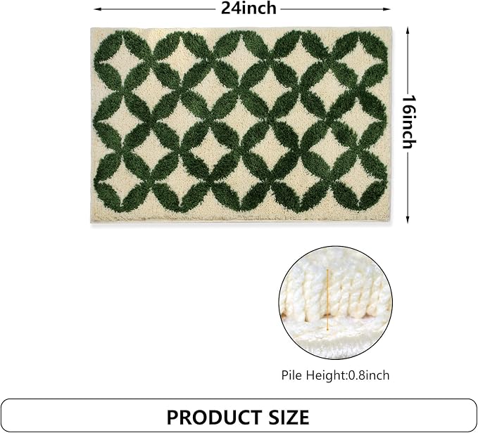 Civkor Green and Cream Bathroom Rug Washable, 24x16Inch Retro Bath Mat for Bathroom with TPR Non Slip Backing, Quick Dry Fluffy Microfiber Piles, Super Water Absorbent Thin Bath Rug Fit Under Door