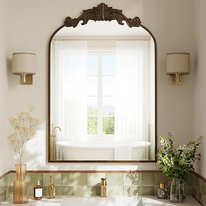 VooBang Vintage Arched Bathroom Mirror, 26x38 Inch Retro Wall Mounted Vanity Mirror with Carved Pattern Top and Metal Frame, Antique Decorative Mirror for Hanging or Leaning