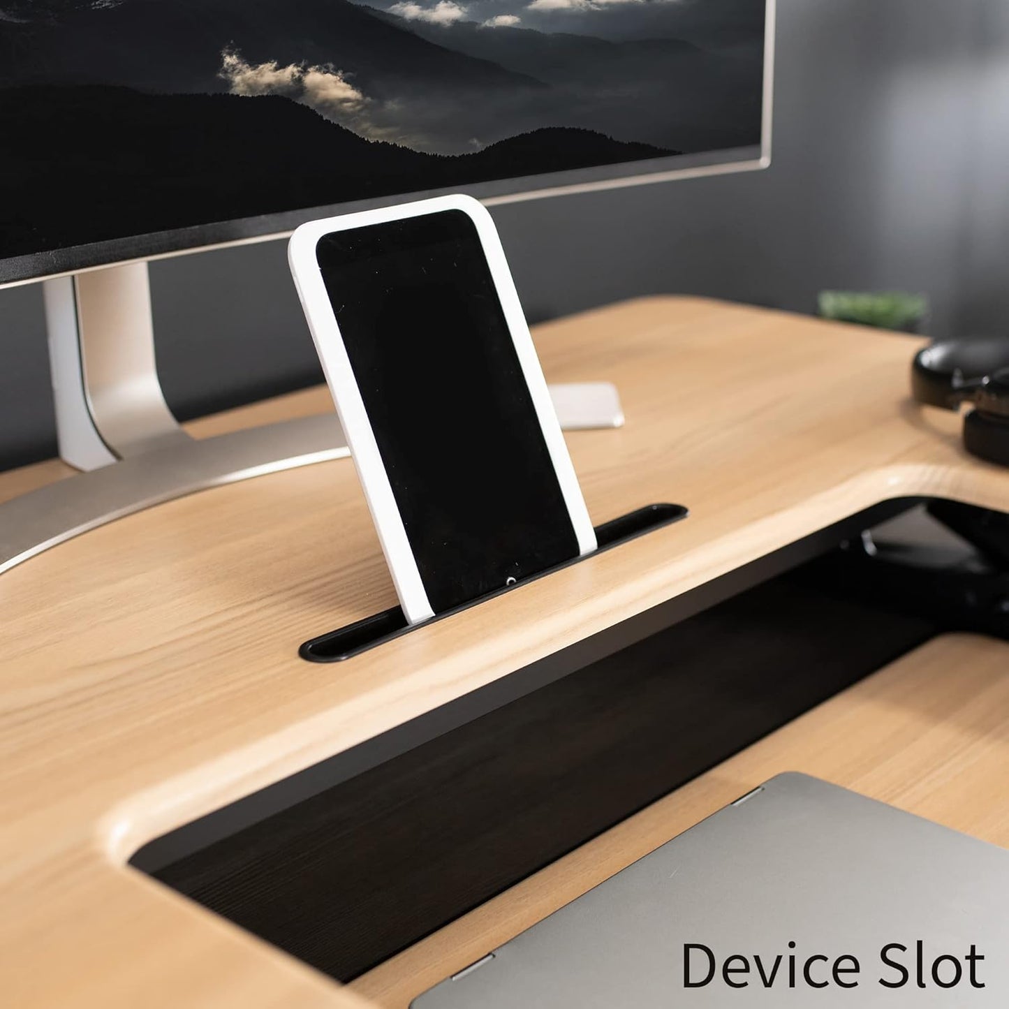 VIVO Height Adjustable Stand Up Desk Converter - Quick Sit to Stand Dual Monitor Riser | Light Wood Top, Black Frame