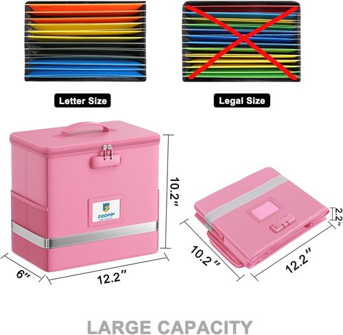 Fireproof File Box - Secure Document Storage Organizer with Lock | Collapsible, Pink, Letter Size