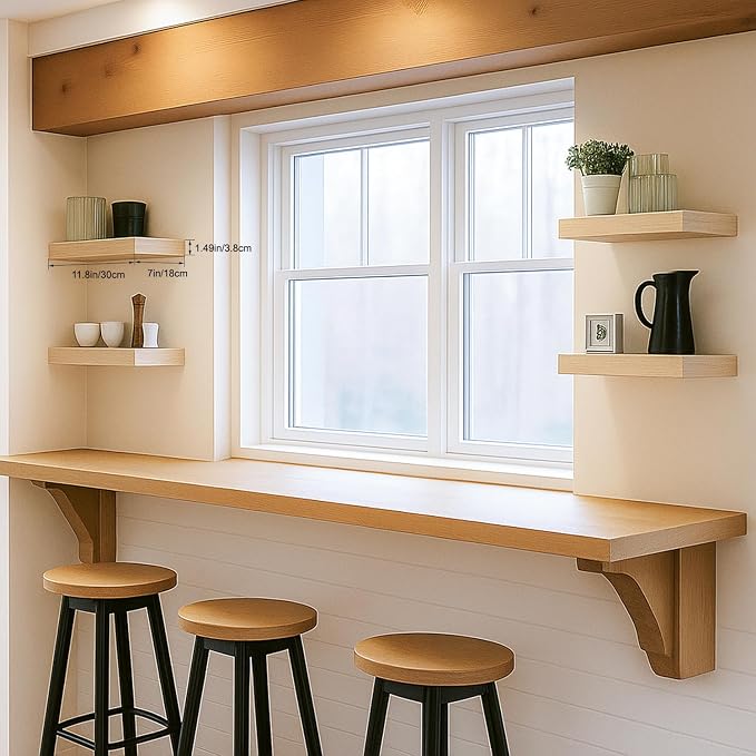 Oak Floating Shelves for Wall, Set of 4 Rustic Wood Shelves Over Toilet for Bathroom, Bedroom, Kitchen & Living Room Decor Display, for Plants, Towels & Books, 12"x7"x1.5"