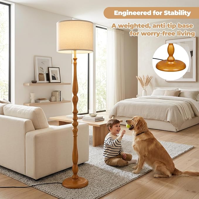 LALISU Wood Floor Lamp for Living Room,Farmhouse Standing Lamp with Remote & Dimmable 9W Bulb, Mid Century Standing Tall Lamps for Bedroom Corner Floor Lamps for Nursery, Office, Reading (Rosewood)